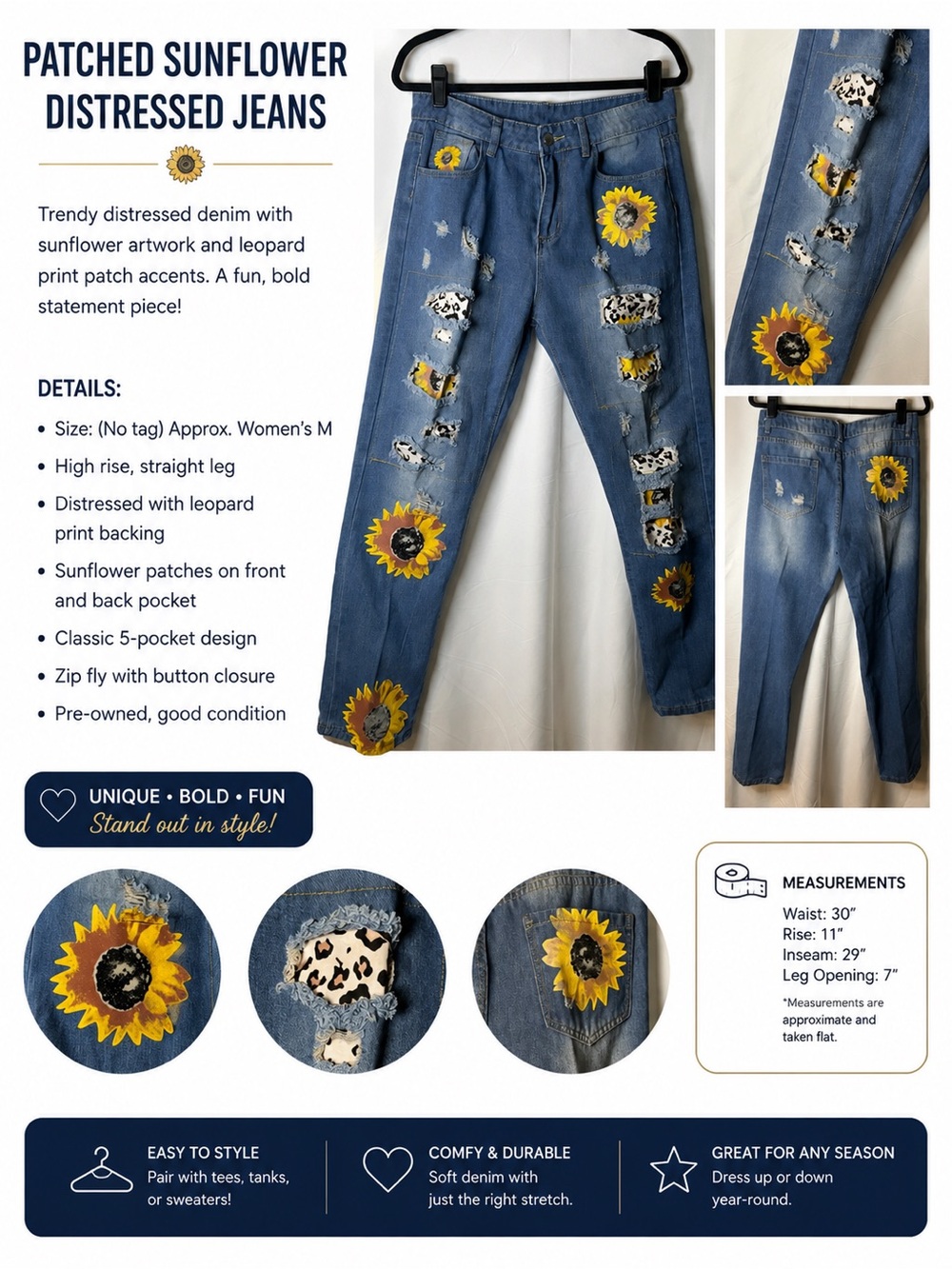 Custom Sunflower Distressed Jeans – Leopard Patch Denim – Women’s Boutique Style